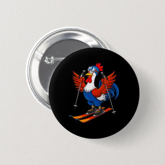 Funny Rooster Skiing Adventure Cartoon Button (Vorne & Hinten)