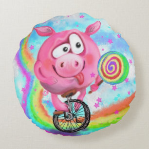 Funny Round Pillow Circus Acrobat Pig Cyclist Rundes Kissen