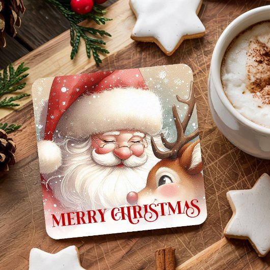 Funny Rudolph Santa Cute Christmas Paper Coaster   Rechteckiger Pappuntersetzer