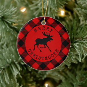Funny Rustic Merry Christmoose Red Kariert Keramik Ornament