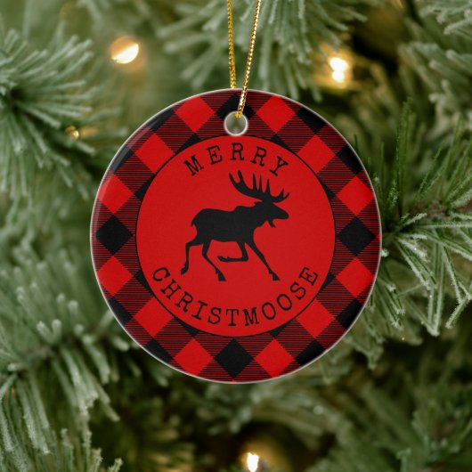 Funny Rustic Merry Christmoose Red Kariert Keramik Ornament (Baum)