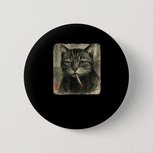 Funny Sad Cat Rauchen Zigarette Meme Lover Sumi-e Button (Vorderseite)