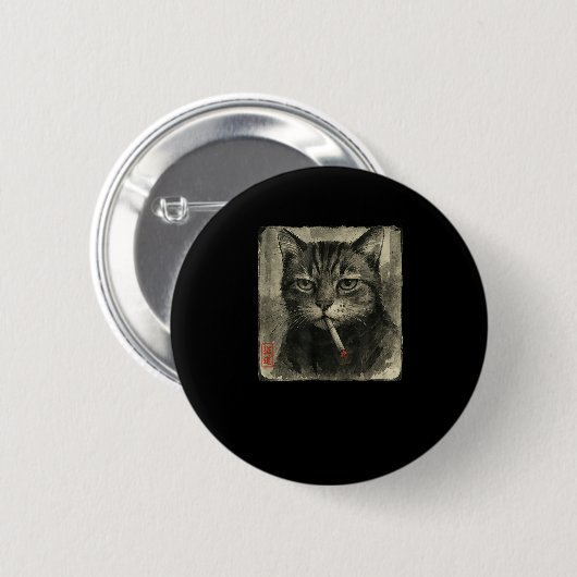 Funny Sad Cat Rauchen Zigarette Meme Lover Sumi-e Button (Vorne & Hinten)