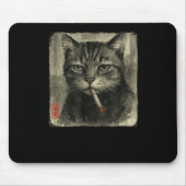 Funny Sad Cat Rauchen Zigarette Meme Lover Sumi-e Mousepad (Vorne)