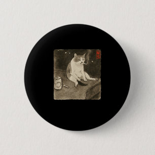 Funny Sad Cat Smoking Meme Sumi-e Japanisch Art Ki Button
