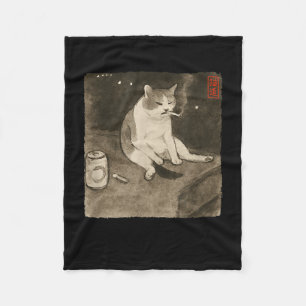 Funny Sad Cat Smoking Meme Sumi-e Japanisch Art Ki Fleecedecke