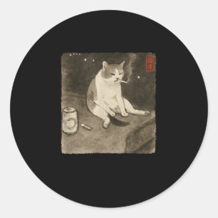 Funny Sad Cat Smoking Meme Sumi-e Japanisch Art Ki Runder Aufkleber