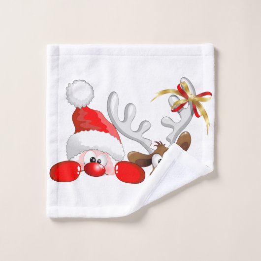Funny Santa and Reindeer Cartoon Badhandtuch Set (Waschlappen)