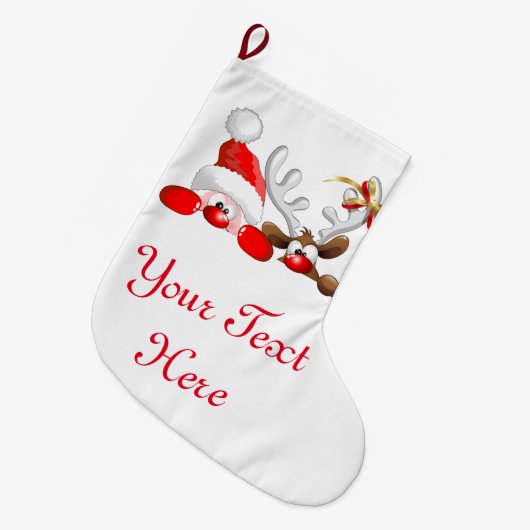 Funny Santa and Reindeer Cartoon Großer Weihnachtsstrumpf (Vorderansicht (hängend))