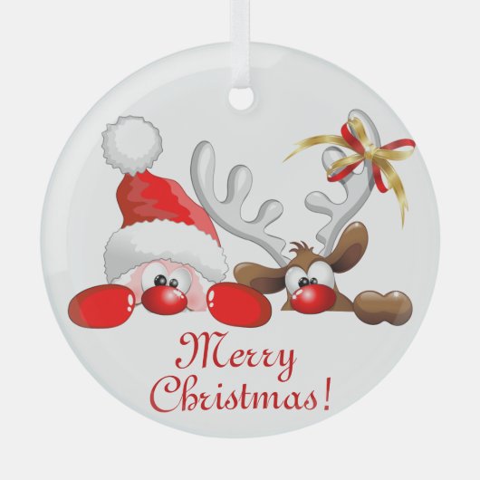 Funny Santa and Reindeer Cartoon Ornament Aus Glas (Vorderseite)