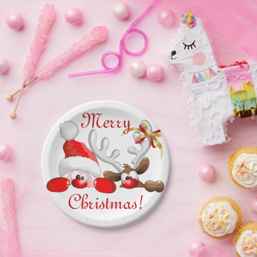 Funny Santa and Reindeer Cartoon Pappteller (Party)