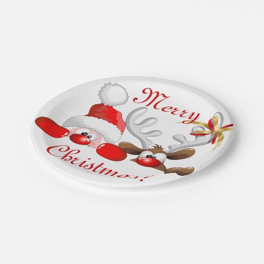 Funny Santa and Reindeer Cartoon Pappteller (Schrägansicht)