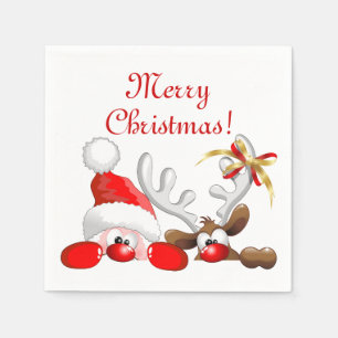 Funny Santa and Reindeer Cartoon Serviette