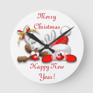Funny Santa and Reindeer Cartoon Wall Clock Runde Wanduhr