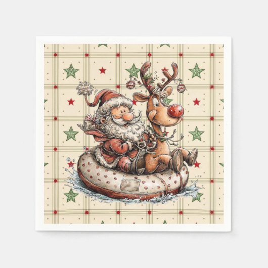 Funny Santa and Rudolf On A Water Tube  Serviette (Vorderseite)