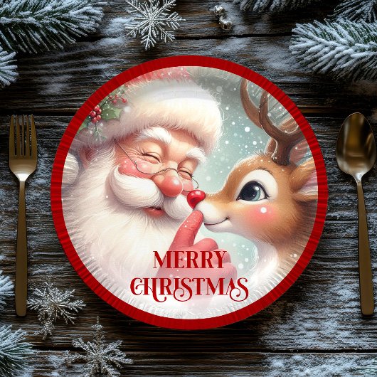 Funny Santa and Rudolph Festive Holiday Plates Pappteller