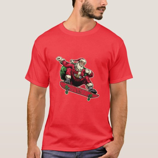 Funny Santa auf Red Skateboard Frohe Weihnachten T-Shirt (Vorderseite)