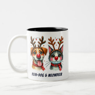 Funny Santa Cat & Dog Roter Hirsch Zweifarbige Tasse