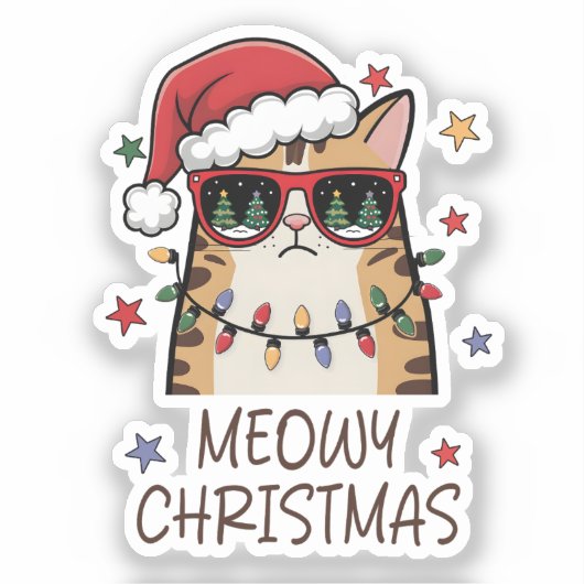 Funny Santa Cat “Meowy Christmas” Vinyl Sticker  (Vorderseite)