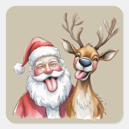 Funny Santa Claus and Reindeer Christmas Winter Quadratischer Aufkleber (Vorderseite)