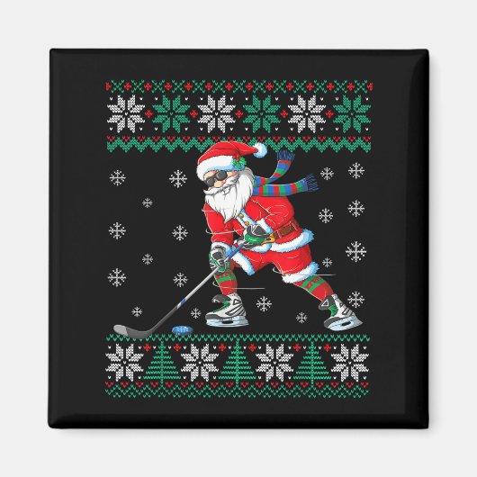 Funny Santa Claus Christmas Ice Hockey Ugly Sweate Magnet (Vorne)