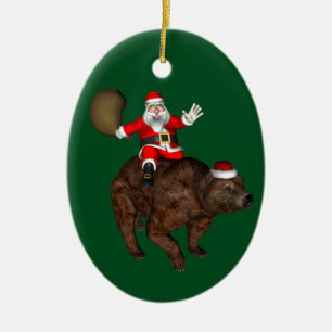 Funny Santa Claus fährt auf einem süßen Bären Keramik Ornament