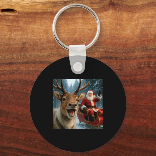 Funny Santa Claus In Sleigh With Reindeer Christma Schlüsselanhänger (Vorderseite)