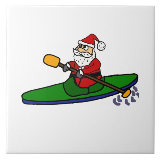 Funny Santa Claus Kayaking Weihnachts-Cartoon Fliese (Vorderseite)
