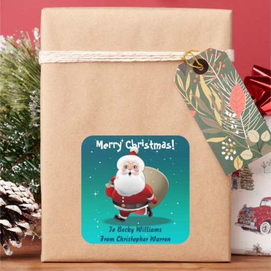 Funny Santa Claus mit einem Sack voller Geschenke Quadratischer Aufkleber (Feiertag)