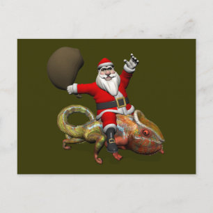 Funny Santa Claus On Huge Panther Chameleon Feiertagspostkarte