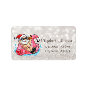 Funny Santa Claus, Pink Flamingos Glittery Boke Adressaufkleber