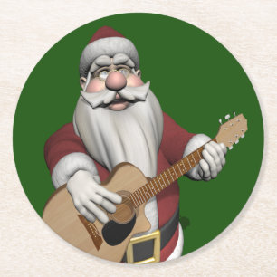 Funny Santa Claus Plays Akkuustikgitarre Runder Pappuntersetzer
