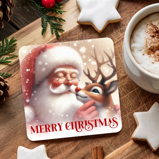 Funny Santa Claus Red Nose Rudolph Coasters Rechteckiger Pappuntersetzer