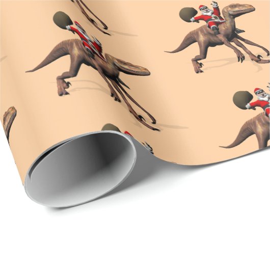 Funny Santa Claus Riding on Deinonychus Dinosaur Geschenkpapier (Rolleneckpunkt)