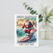 Funny Santa Claus surfen im Sommer Pop Kunst Postkarte (Stehend Vorderseite)