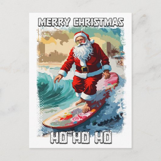 Funny Santa Claus surfen im Sommer Pop Kunst Postkarte (Vorderseite)