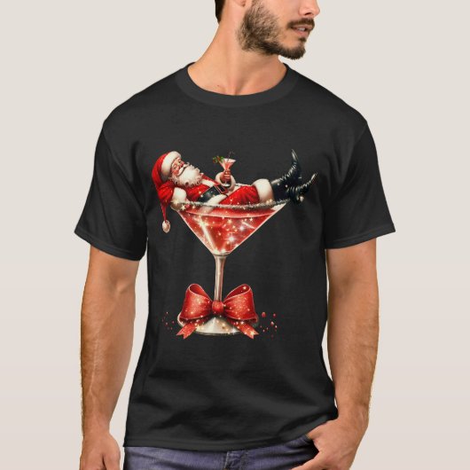 Funny Santa Drinking Martini Christmas Humor Men W T-Shirt (Vorderseite)