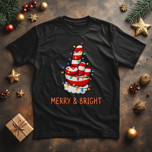 Funny Santa Finger in Christmas Lights T-Shirt