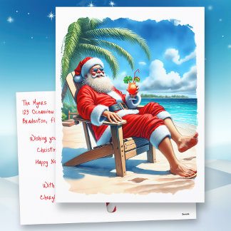 Funny Santa Genießen Sie einen Cocktail am Strand Feiertagspostkarte
