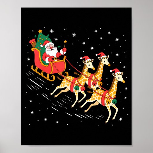 Funny Santa Giraffe Sleigh Flying Christmas Night Poster (Vorne)