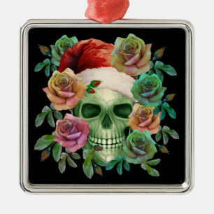 FUNNY SANTA GREEN SKULL AND CHRISTMAS FLORAL ORNAMENT AUS METALL
