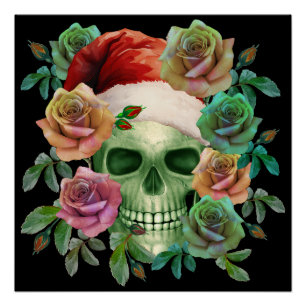 FUNNY SANTA GREEN SKULL AND CHRISTMAS FLORAL POSTER