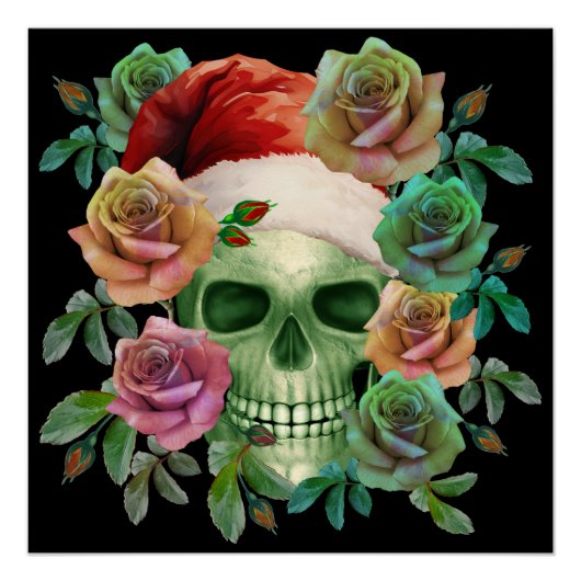 FUNNY SANTA GREEN SKULL AND CHRISTMAS FLORAL POSTER (Vorderseite)