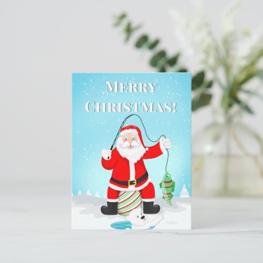 Funny Santa Ice Fischen mit Polar Bär Postkarte (Stehend Vorderseite)