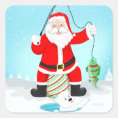 Funny Santa Ice Fischen mit Polar Bär Quadratischer Aufkleber (Vorderseite)