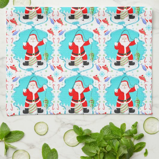 Funny Santa Ice Fischen mit Polar Bären Muster Geschirrtuch (Gefaltet)