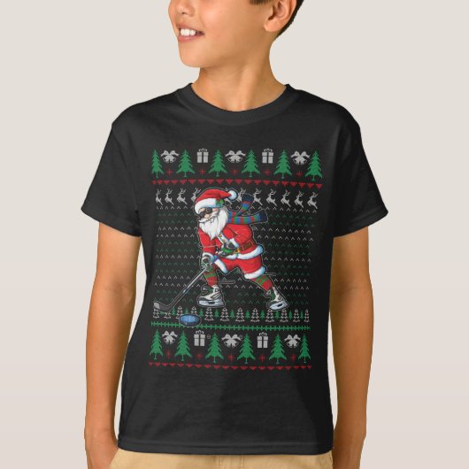 Funny Santa Ice Hockey Spieler Ugly Sweater Christ T-Shirt (Vorderseite)
