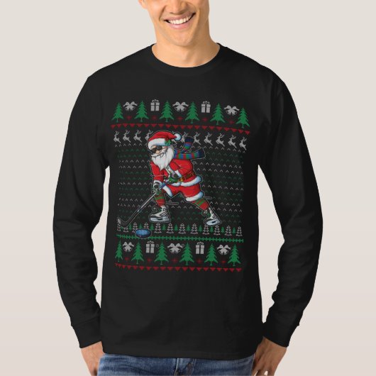 Funny Santa Ice Hockey Spieler Ugly Sweater Christ T-Shirt (Vorderseite)