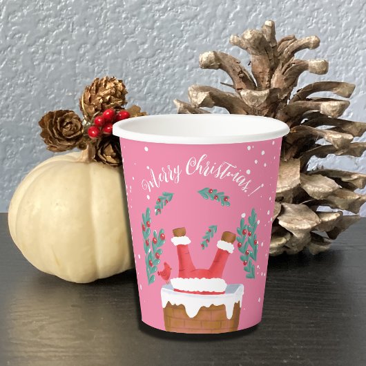 Funny Santa in Chimney Pink Paper Cup Pappbecher