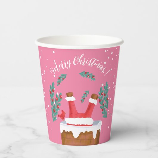 Funny Santa in Chimney Pink Paper Cup Pappbecher (Rückseite)
